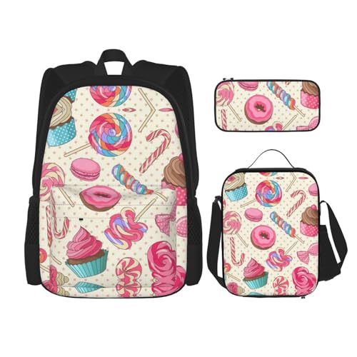 WURTON Farbenfroher süßer Lutscher-Cupcake-Donut-Druck, trendiger Rucksack, Tasche, Lunchbox und Federmäppchen, 3-in-1, verstellbares Rucksack-Set