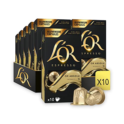 L'OR Espresso Kaffee Or Absolu Intensität 9 - Nespresso®* kompatible Kaffeekapseln aus Aluminium - 10 Packungen mit 10 Kapseln (100 Getränke)