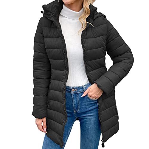 KADUNDI Damen Puffer Jacke Full Zip Langarm Daunenmäntel Gesteppte Komfortjacke mit Taschen (as3, alpha, xx_l, regular, regular, Schwarz)