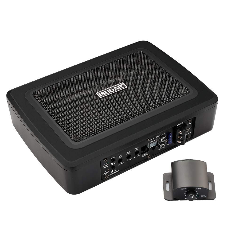 ISUDAR 9 Zoll schlanker Max 600W Subwoofer Aktiv Powered Untersitz-Auto Audio Subwoofer eingebautem Verstärker für Auto/LKW mit Fernbedienung niedrigen und hohen Eingangspegeln, Schwarz