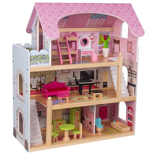 4iQ Group Puppenhaus aus Holz 70x31,5x62cm - Puppenhaus ab 3 Jahre Mädchen - Puppenhaus Groß mit 3 Etagen und Balkon - Dollhouse mit Möbeln und Zubehör