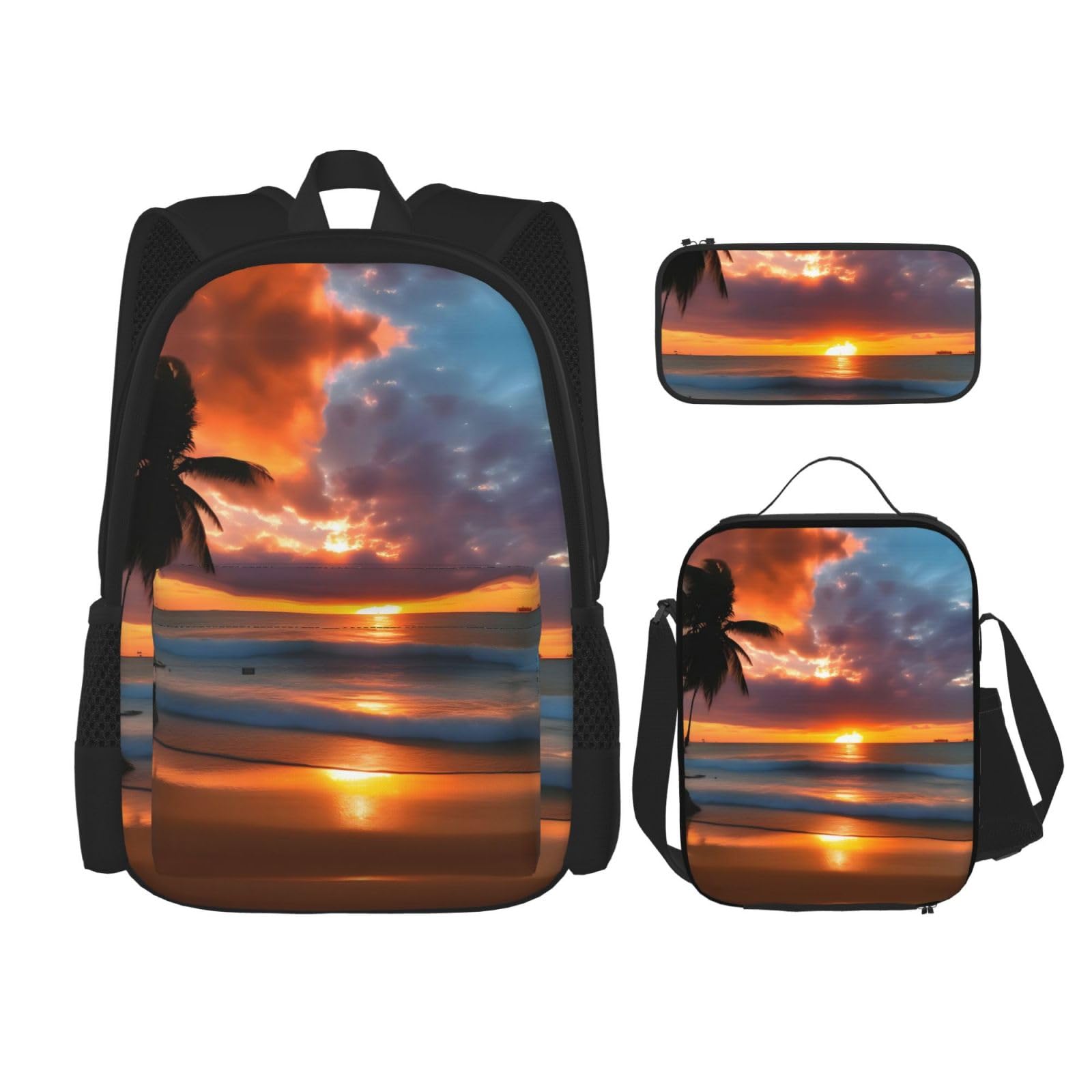 WURTON Sunset Beach Print Travel Lunch Box Pencil Case Backpack Set 3 Pieces Adjustable Straps Lightweight, Schwarz, Einheitsgröße