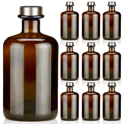 9x Apothekerflaschen 500ml braun elegante Braunglas Flaschen schwarz antik 0,5L leer PE Korken Titansilber matt Glasflaschen für Öl, Gin, Kräuter Schnaps od. als Geschenk