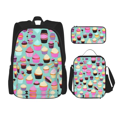 YQxwJL 3-in-1-Rucksack-Büchertaschen-Set, niedlicher Goldfisch-Druck, lässiger Reiserucksack, mit Federmäppchen, Lunchtasche, Cupcake-Muster, Einheitsgröße