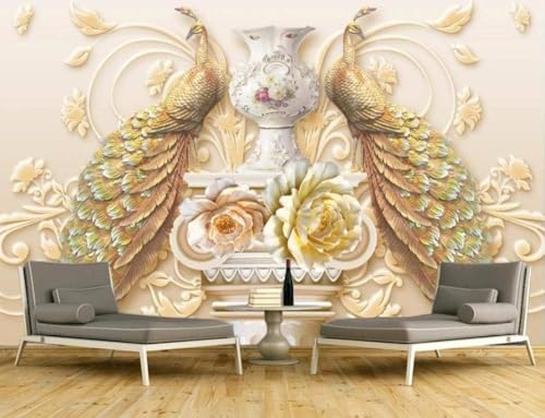 Relief Goldener Pfau 3D Tapete Poster Restaurant Schlafzimmer Wohnzimmer Sofa TV Dekorative Wand-430cm×300cm