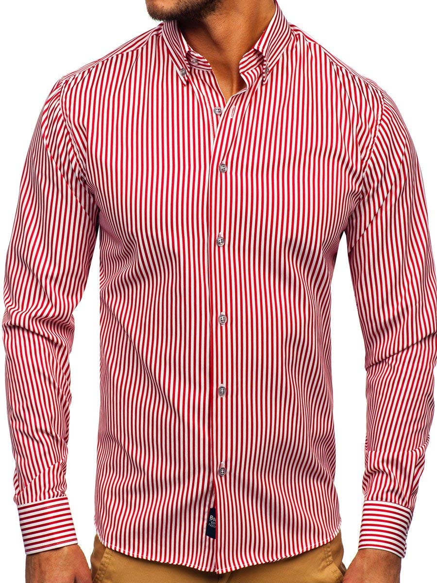 BOLF Herren Hemd Langarm Streifenhemd Freizeithemd Hemdbluse Langarmhemd Elegant Business Party Bügelleicht Farbwahl Classic Basic Slim Fit Casual Style 20726 Rot XXL [2B2]