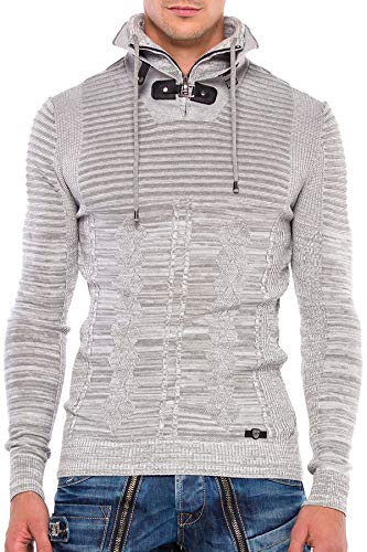 Cipo & Baxx Herren Strick-Pullover Sweatshirt Sweater Pulli Muster Strickpullover mit doppeltem Stehkragen Hellgrau M