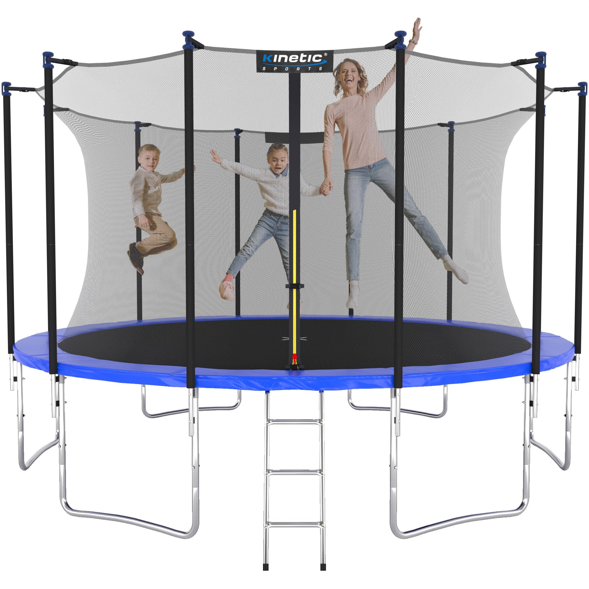 KINETIC SPORTS Trampolin Outdoor Salto Ø 366 cm - TÜV Rheinland geprüft, Kindertrampolin Gartentrampolin Set mit Leiter, Netz, Randpolster, USA Sprungtuch – bis 160 kg, Blau