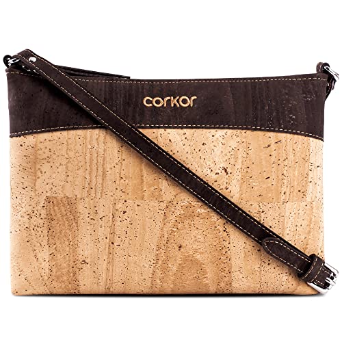 Corkor Vegane Umhängetasche Damen Geldbeutel Schultertaschen Handtasche Schulter Natur-Leder Natur Korkleder Dunkelbraun