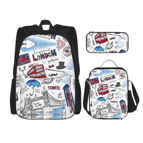 WURTON London Print Schulter-Rucksack 3-in-1 Büchertaschen-Set Lunchbox Federmäppchen Reise Laptop Tagesrucksäcke