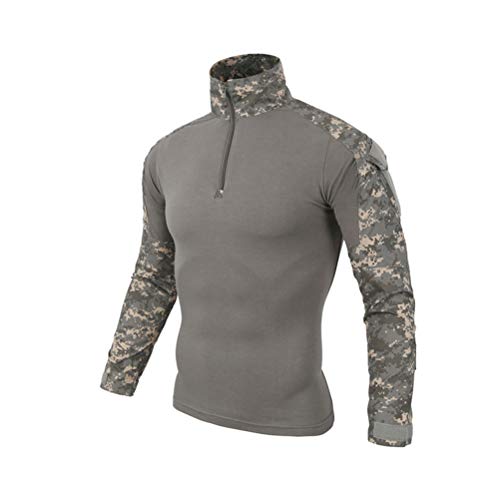 ShallGood Herren-Hemden, Kampf, Militär, Airsoft, BDU, Shirt, Outfit, Camouflage, Uniform, taktisch, schnell trocknend, mit Taschen, Ellbogenschützer, Langarm-Hemd, Multicam, Z1 grau, XL