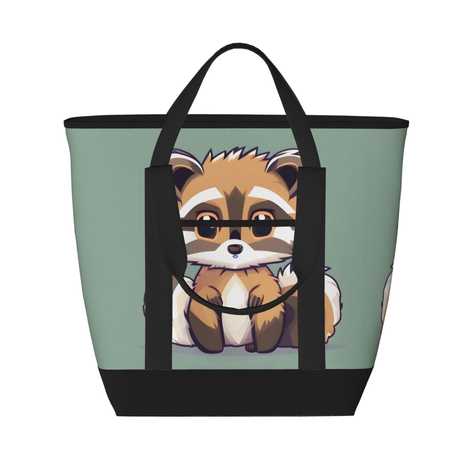 YQxwJL Isolierte Kühltasche mit Cartoon-Motiv und Waschbär-Druck, großes Fassungsvermögen, Einkaufstasche, Reisetasche, Strand, wiederverwendbare Einkaufstasche für Erwachsene, Schwarz, Einheitsgröße