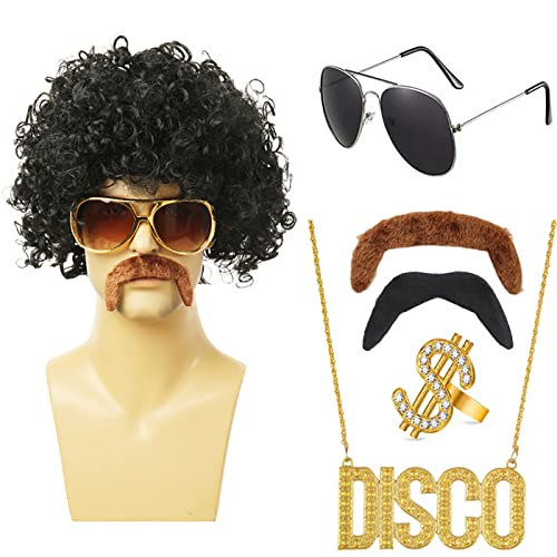 JGZGCG Herren Perücke 70er Jahre Mit Zubehör Disco Dude Perücke Halskette & Schnurrbart kurz gelockt Afro Shaggy Perücke Halloween Karneval Themenparty Verkleiden Cosplay Kostüm