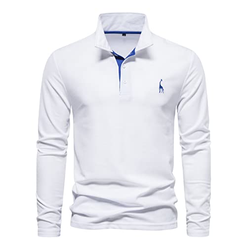 Frühling Herren Langarm-Polo-Shirts, Lässig Bestickt Solide Farbe Tops,Knopf Revers Baumwolle Business Sport Polo T-Shirt (White,S)