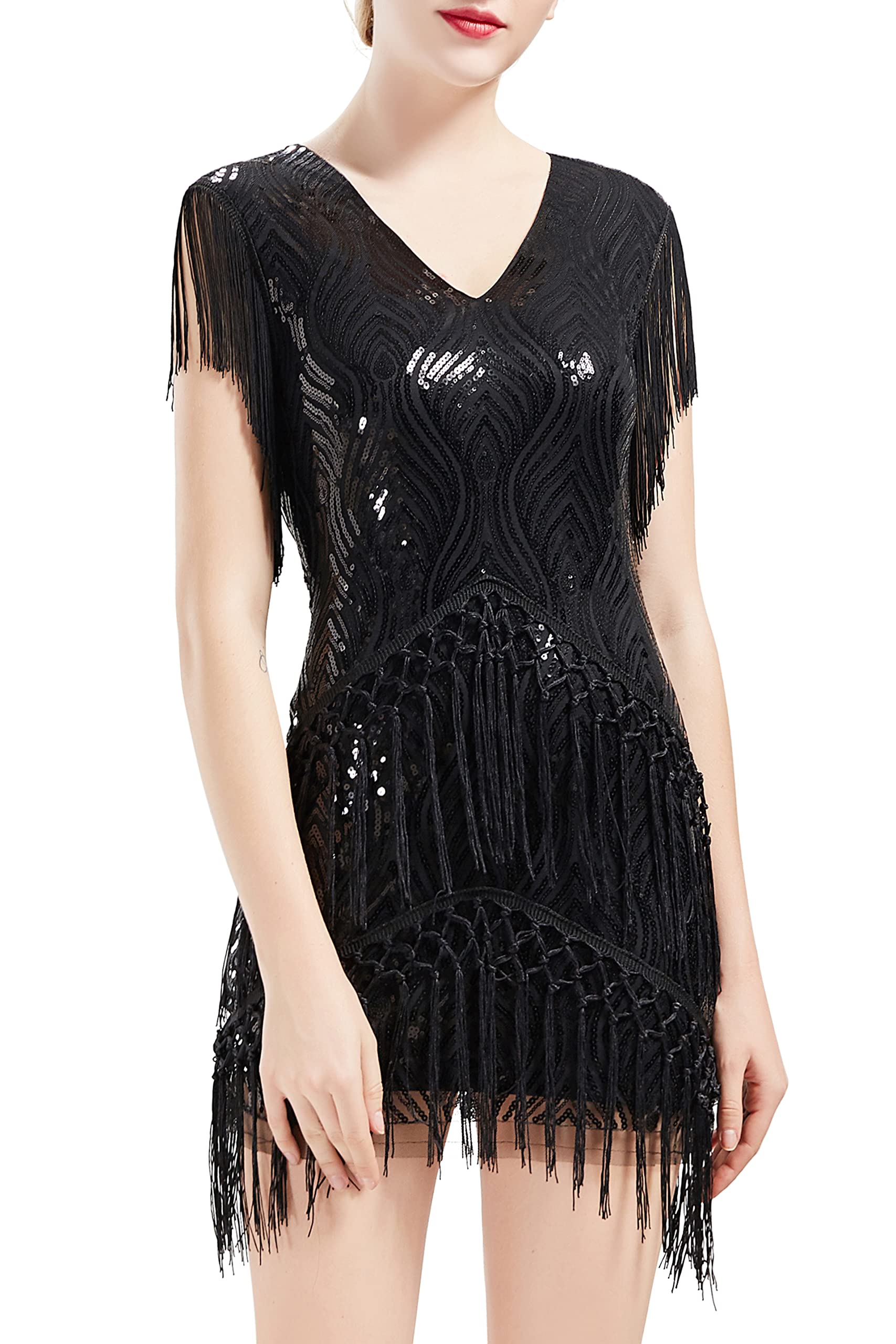 BABEYOND ArtiDeco 1920s Charleston Dress Mini Women's Vintage Gatsby Costume Flapper 20s Cocktail Dress - Black