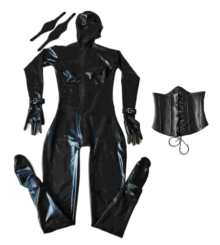 Sexy schwarzer Latex-Fetisch-Catsuit Ganzkörperanzug 3D-Brust-Korsett-Haube mit Augenklappe