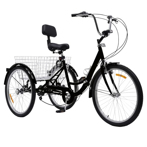 24 Zoll Dreirad Erwachsene 7 Gang 3-Räder Fahrrad BikeMit LED Licht Gemüsekorb Becherhalter Mit Korb Tricycle Höhenverstellbarer 3 Räder Fahrrad für Outdoor-Aktivitäten Belastbarkeit 120 Kg (schwarz)