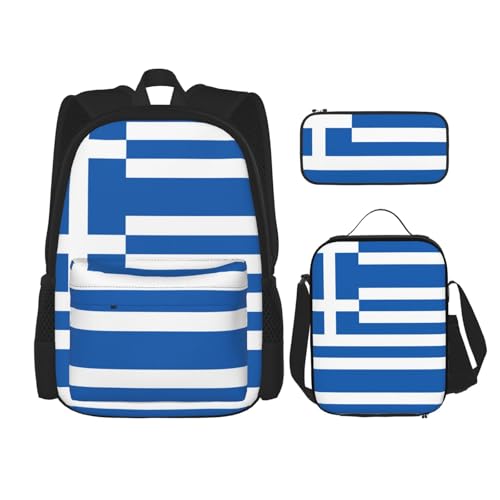 WURTON Rucksack-Set, Motiv: griechische Flagge, verstellbare Schultergurte, Lunch-Tasche, Federmäppchen, Kombinationstaschen-Set