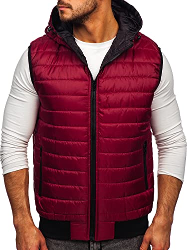 BOLF Herren Weste mit Kapuze Steppweste Bodywarmer Kapuzenweste Daunenweste Reißverschluss Weste Ärmellose Sportweste Zip Wärme Freizeit Outdoor Style J.STYLE MY88 Weinrot L [4D4]