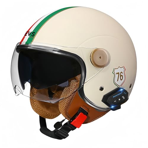 3/4-Bluetooth-Helm mit offenem Gesicht, Vintage-Motorrad-Halbhelm, ECE-zugelassenes Moped mit Doppelvisier, Motorradhelm für Männer, Erwachsene, Frauen H,XL61-62CM