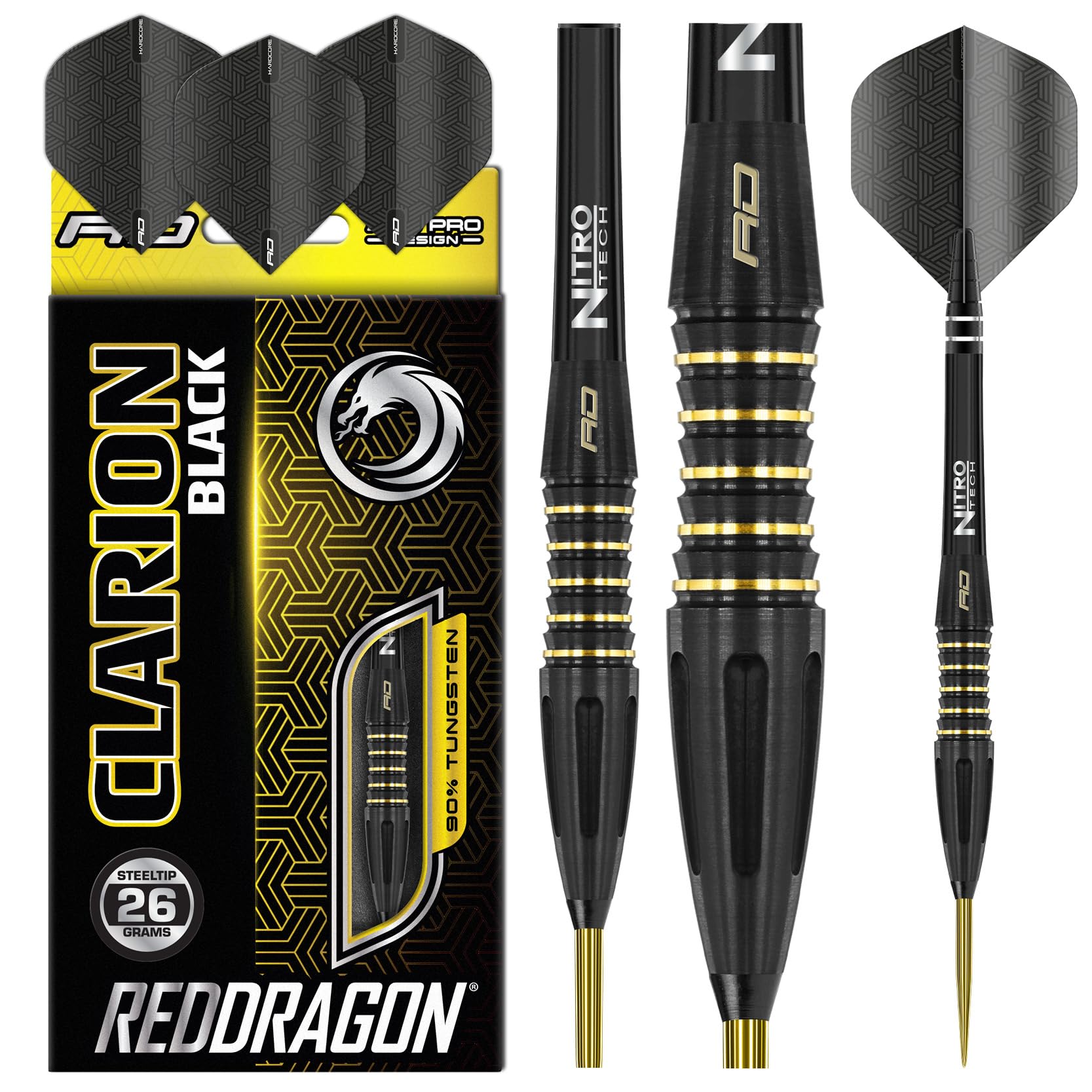 RED DRAGON Clarion Black 26g Tungsten Darts Set with Flights and Stems