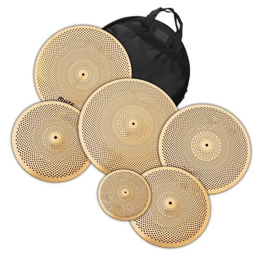 6-teiliges Goldenes Low-Volume-Beckenset 10" Splash/14" Hi-Hat/16" Crash/18" Crash/20" Ride Mit Beckentasche Schlagzeug-Becken-Set (Color : Gold)