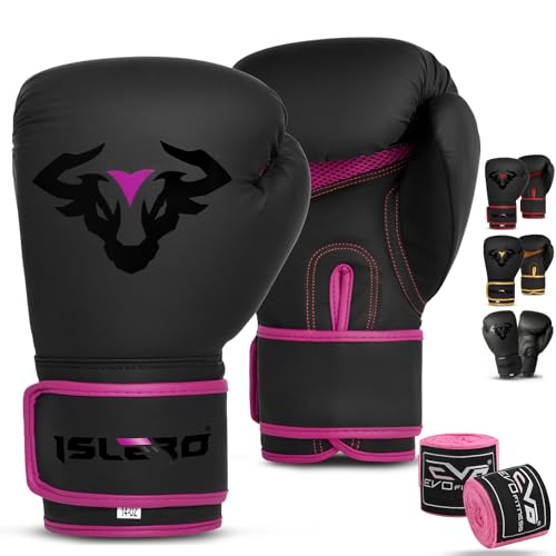 Islero EVO Fitness Boxhandschuhe für Herren, Boxsack für Damen, Pink, MMA, Muay Thai, Kampfsport, Kickboxen, Sparring, Training, Kampfhandschuhe mit Handbandagen (284 g, Rosa)