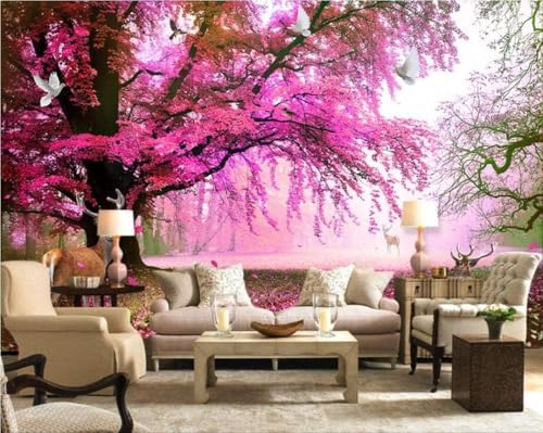 Fantasie-Sakura-Baum Sakura-Hirsch 3D Tapete Poster Restaurant Schlafzimmer Wohnzimmer Sofa TV Dekorative Wand-250cm×170cm