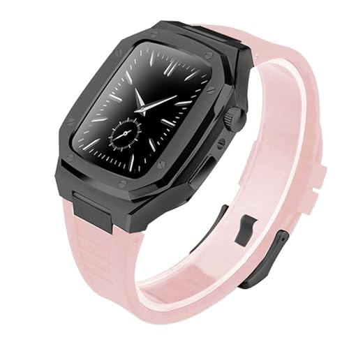 KANUZ Luxuriöses Metall-Lünettenrahmen-Gummiband für Apple Watch Gehäuse 8, 7, 6, 5, 4, 3, 2, 45 mm, 41 mm, 44 mm, Edelstahl-Modifikationsset für iWatch (Farbe: Gummi, Schwarz, Rosa, Größe: 45 mm)