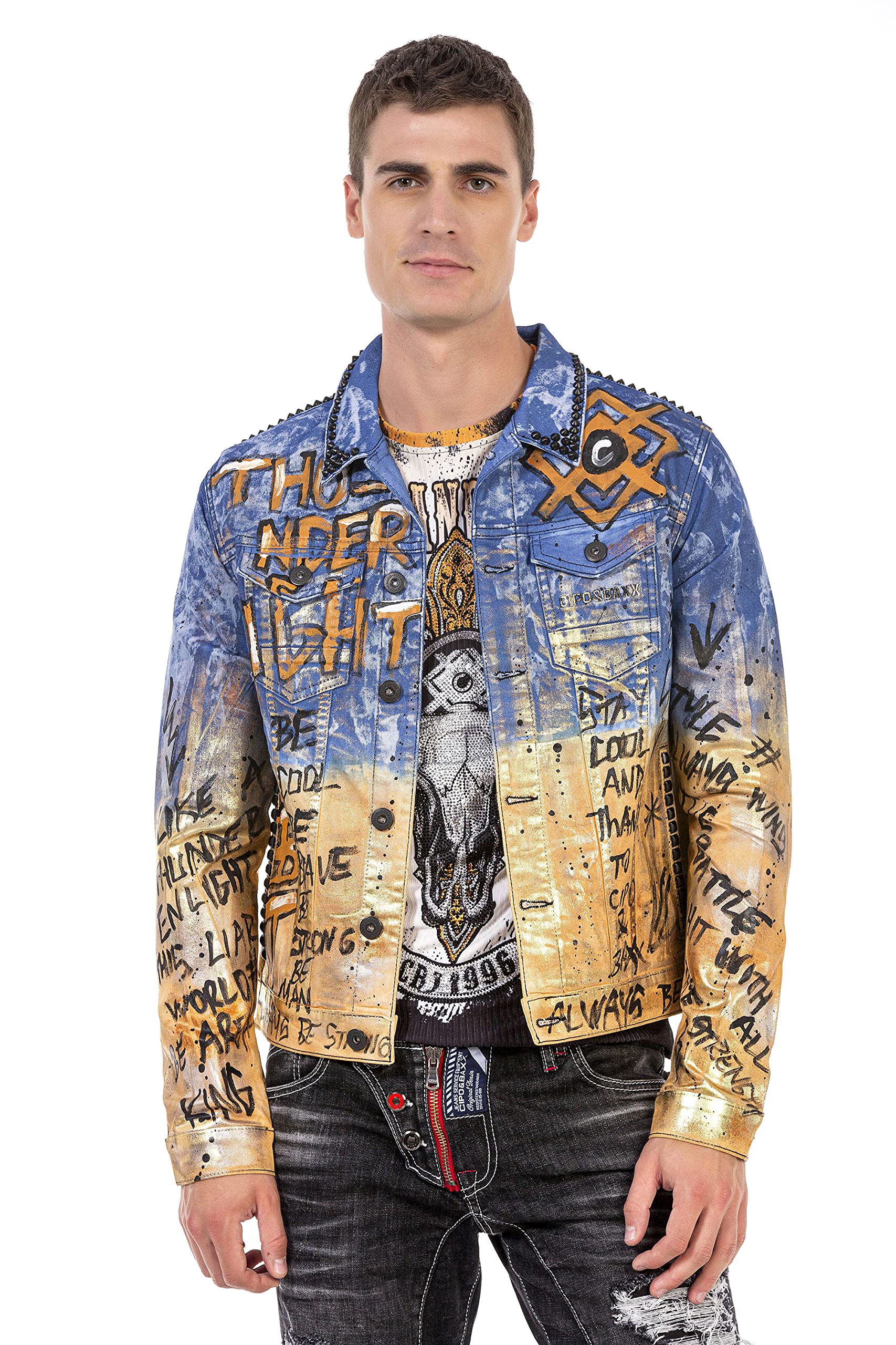 Cipo & Baxx Herren Jeansjacke Jacke Ausgefallen Nieten Graffiti Design Übergangsjacke Freizeit CJ265 Blau-Gold M