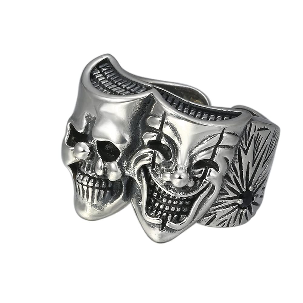 VOYADE Clown Totenkopf Ring Herren Persönlichkeit Doppelseitiger Clown Totenkopf Ring Nachtclub Lokomotive Rock 925Er Silber Offener Ring,Silber,14