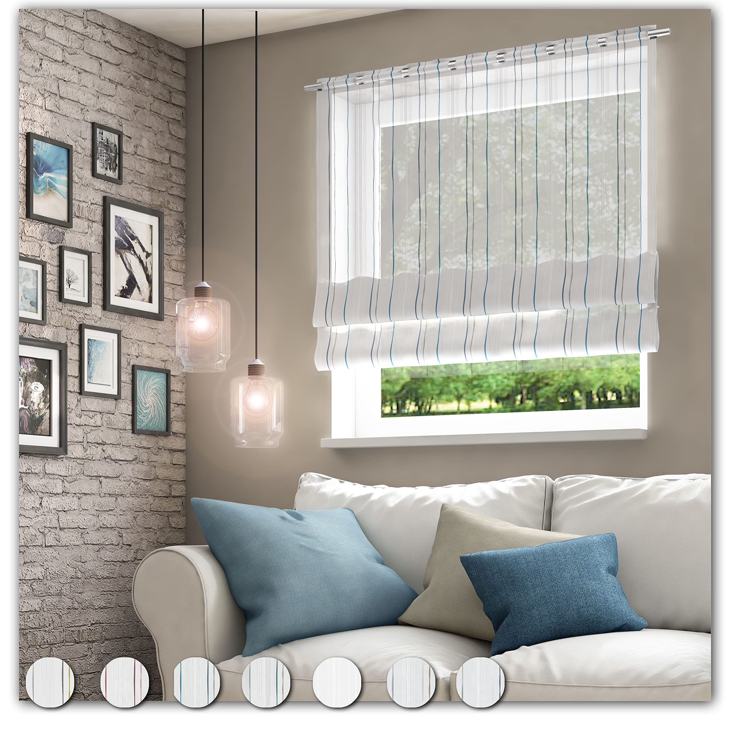 Neutex for you! Pascal Clip-Rollo mit Stangendurchzug, Vorhang, Gardine, Halbtransparent, 150 x 99 cm (H/B), 484506, Made in Europe, Oeko-Tex Standard 100, wollweiß-blau