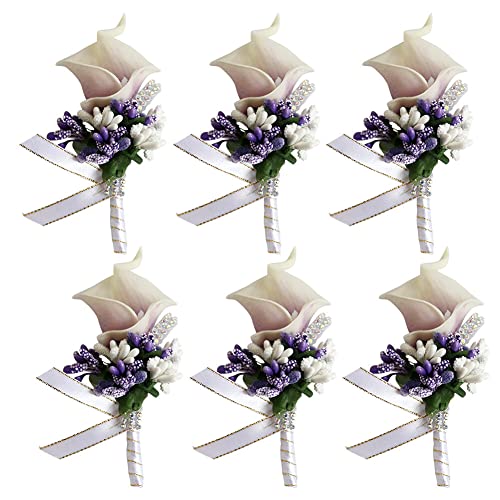 Armband Hochzeitsblumen, Brautjungfern -Armbandband, 6pcs Hochzeit Boutonniere Blume, Blume Revers Pin Boutonniere Corsage Accessoire Girls Männer künstliche Rosencors for Braut Bräutigam (Color : Wh