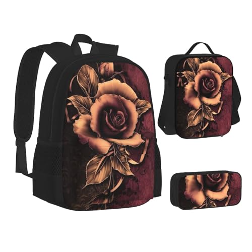 WURTON Rucksack, Lunchbox-Set, 3-in-1-Rucksack und Federmäppchen, passendes Set mit Gothic-Rosen-Aufdruck, Schwarz, Einheitsgröße