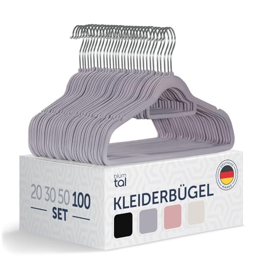 Blumtal 100 Stück rutschfeste Kleiderbügel Samtoptik - Platzsparende, Premium Bügel inkl. Krawattenhalter, 360° drehbar, Grau