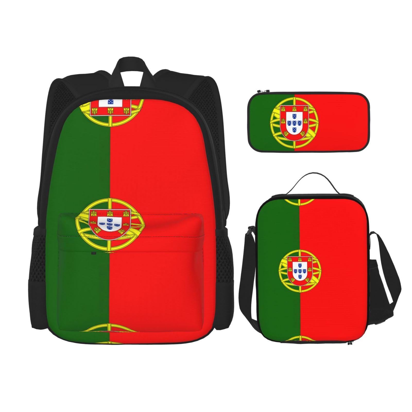 WURTON Rucksack-Set mit portugiesischer Flagge, Schultasche mit Lunchtasche, Federmäppchen, Kombination, Schultaschen-Set