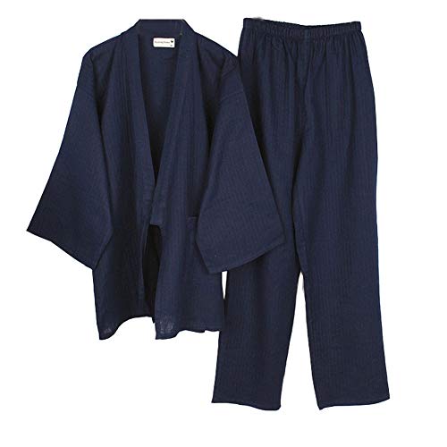 Fancy Pumpkin Herren-Kimono-Pyjama-Anzug-Morgenmantel-Set [Navy, L]