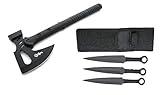 Survival Set Tomahawk + Wurfmesser Expendables Kunai - Throwing Knife - schnelles Werfen Messer schwarz Edelstahl - Trainingsmesser - Gürtelmesser - Hunting Knife - axt mit Holster aus Nylon, schwarz