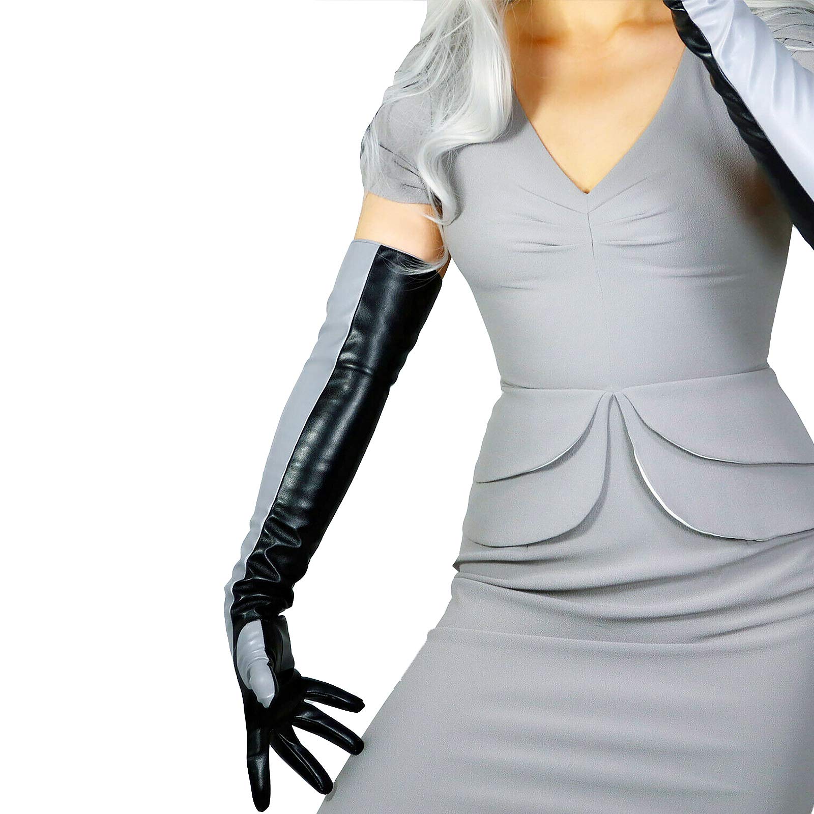 DooWay Lange Leder-Opernhandschuhe für Damen, Abend-Party, Kostüm, Kunstleder, Cosplay, Kleid, Zubehör, 61 cm, Grauer Touchscreen, Medium