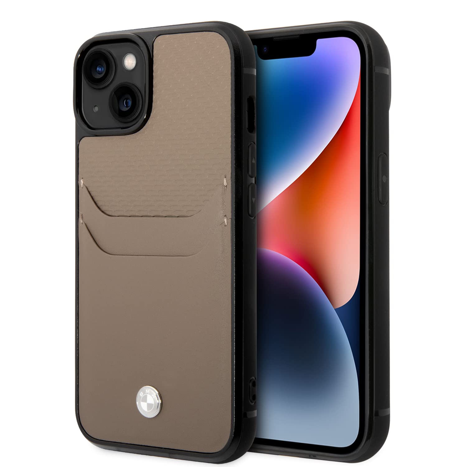 CG MOBILE BMW Handyhülle für iPhone 14 Signature Collection in Taupe mit Kartenfächern, echtes Leder, schützende und langlebige Hülle mit einfachem Schnappverschluss, Stoßdämpfung und Signatur-Logo