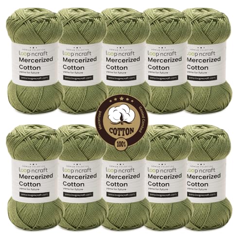 Mercerized Cotton 10er-Set, Olivengrün, Loopncraft, 10 X 50g, Amigurumi Garn, Premium, 100% merzerisierte, gekämmte und gasierte Baumwolle