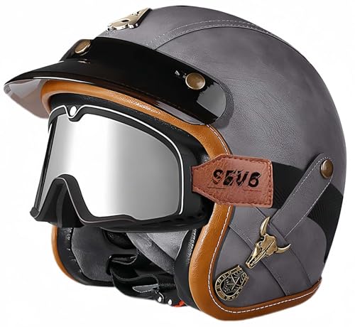 3/4 Vintage Helm Retro Motorradhelm Erwachsene Halbhelm ECE Approved Vintage Für Männer Und Frauen Mit Schutzbrille Offenes Gesicht Mopedhelm B,XL61-62CM