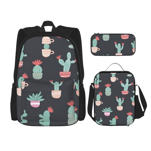 WURTON Rucksack mit Kaktusmuster, 3-in-1, Büchertaschen-Set, Lunchbox, Federmäppchen, Reisen, Laptop, Tagesrucksäcke