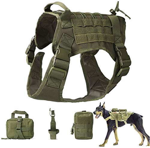 DHGTEP Taktische Hundeweste Diensthundegeschirr Molle Hundetrainingsgeschirr, Antiziehgeschirr Weste mit Tragegriff und Abnehmbaren Taschen für Mittlere Große Hunde (Color : Green, Size : XL)