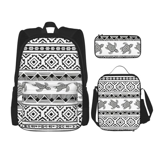 WURTON Rucksack mit ethnischem Schildkröten-Motiv, gestreift, für Mädchen und Jungen, Schultaschen, Teenager, Lunchbox und Federmäppchen, 3-in-1-Büchertaschen-Set