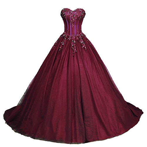 Zorayi Damen Glitzer Trägerlos Tüll Spitze Prinzessin Abschlussballkleider Ballkleid Hochzeitskleider Burgund Größe 34