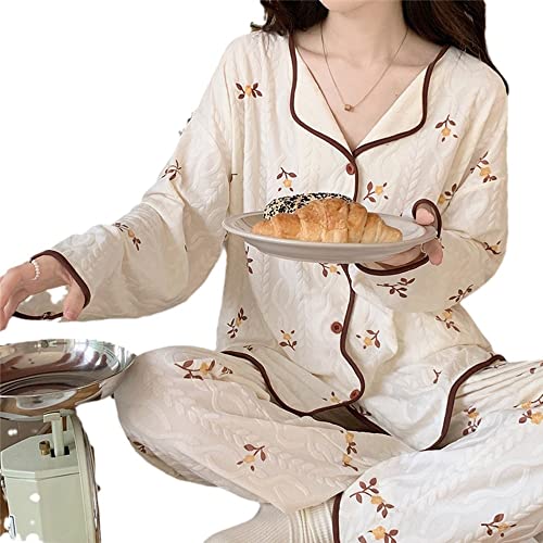 BANLUX Womens Pajamas Set - Sweet Home Pajamas Women's Loungewear Set Spring Autumn Sleeping Clothes Jacquard Cotton Long Sleeve Household Suit,Style C,L