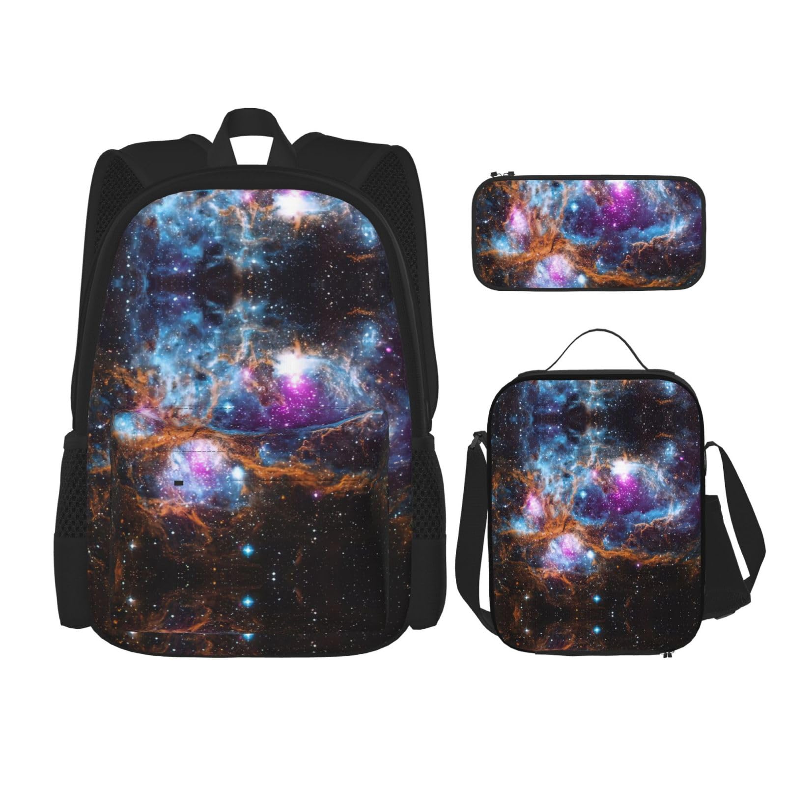 WURTON Universum Galaxy Space Print Lunchbox Federmäppchen Rucksack Set 3 Stück Verstellbare Träger Langlebig Leicht, Schwarz, One Size