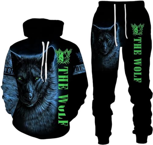 RIAAJ 3D wolf Jogginganzug Herren Jogging Sportanzug Fitness Sporthose Hose Hoodie Herren Trainingsanzug Zweiteiliges Set Freizeitanzug mit Löwen Tigermuster Sportsw (F5,5XL)