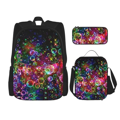 WURTON Rucksack mit buntem Regenbogen-Stern-Druck, 3-in-1, Büchertaschen-Set, Lunchbox, Federmäppchen, Reise-Laptop-Tagesrucksäcke